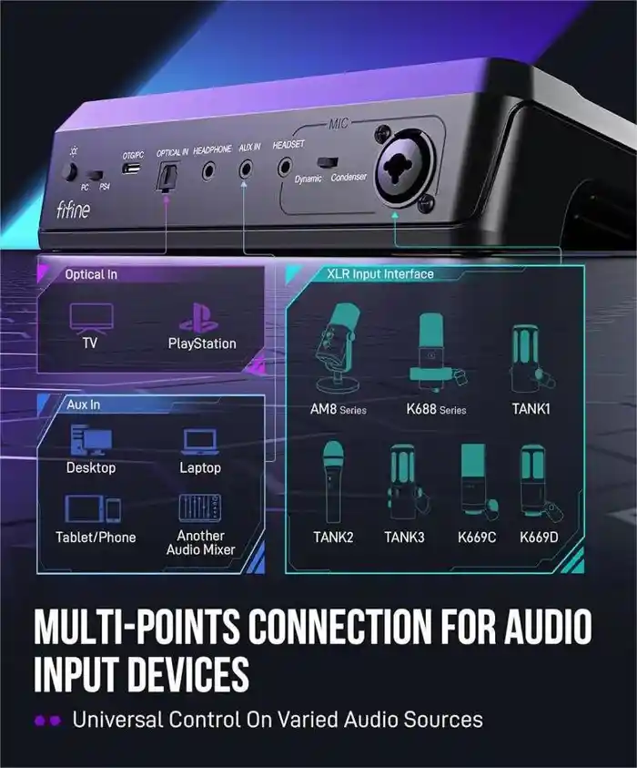 Fifine AmpliGame SC8 USB audio mixer with XLR/headset/optical in, voice/EQ/7.1 effect & sidetone/sample buttons, press mute vol. & chat mix dial